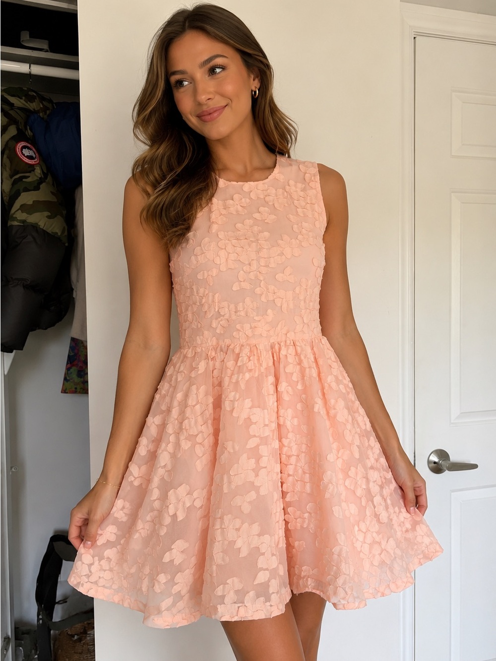 Maje Peach Appliqué Fit-and-Flare Party Dress